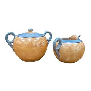 Peach and Blue Sugar & Creamer Set.